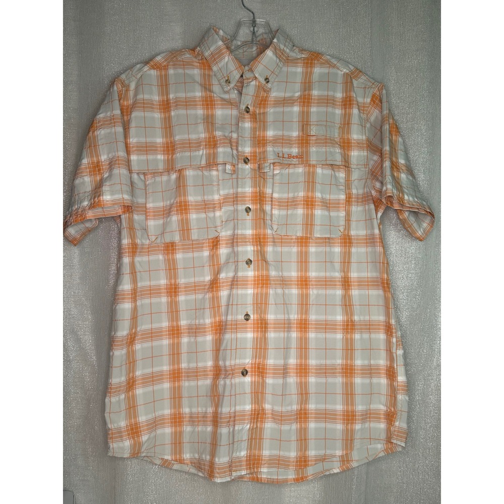 L.L.Bean Fishing Shirt Vented‎ Plaid Orange/White Button Up Short Shirt